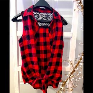 Buffalo plaid vest with lace backing and front tie